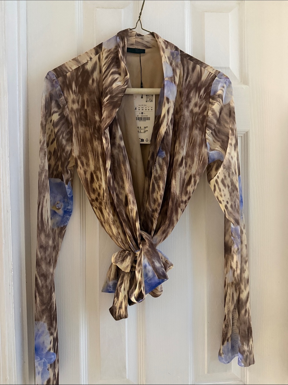 Zara Brown Animal-Print Satin Tie-Front Blouse with Blue Floral Accents